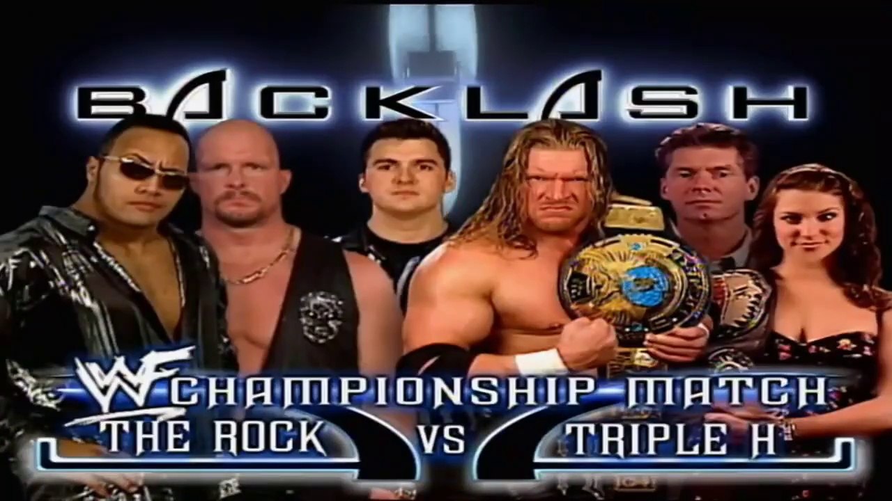 Triple H w/Stephanie McMahon Helmsley & Mr McMahon vs The Rock w/ Stone Cold Steve Austin (Shane McMahon As Special Guest Referee For The WWF Championship - Backlash 2000 30/4/00