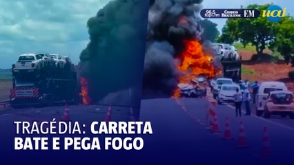 Carreta bate em carros parados, e três pessoas morrem carbonizadas em Minas