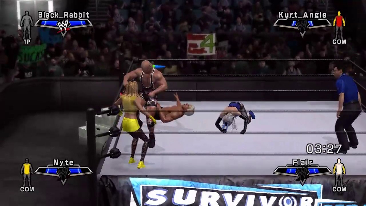 SmackDown VS Raw 2007 (XBOX 360) Nytehand  and Black Rabbit vs Flaire and Angle Tornado