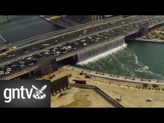 Aerial footage of Dubai Canal waterfall testing