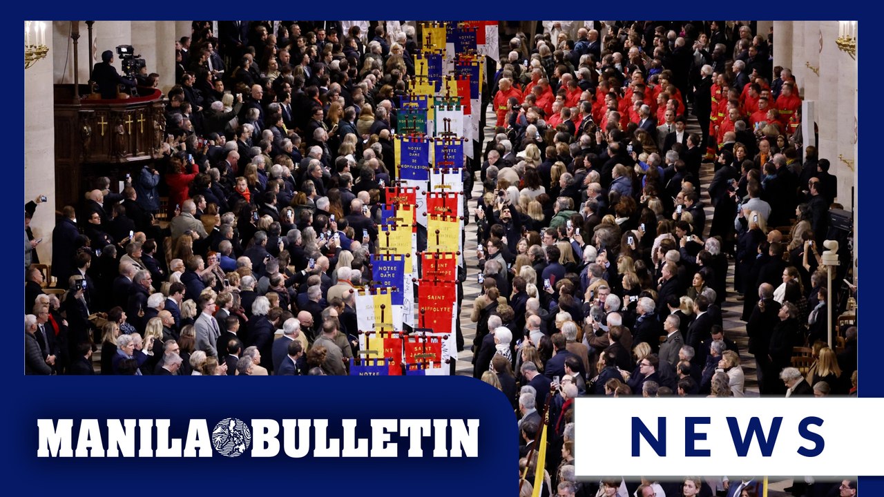 An archbishop's knock formally restores Notre Dame to life as winds howl and heads of state look on