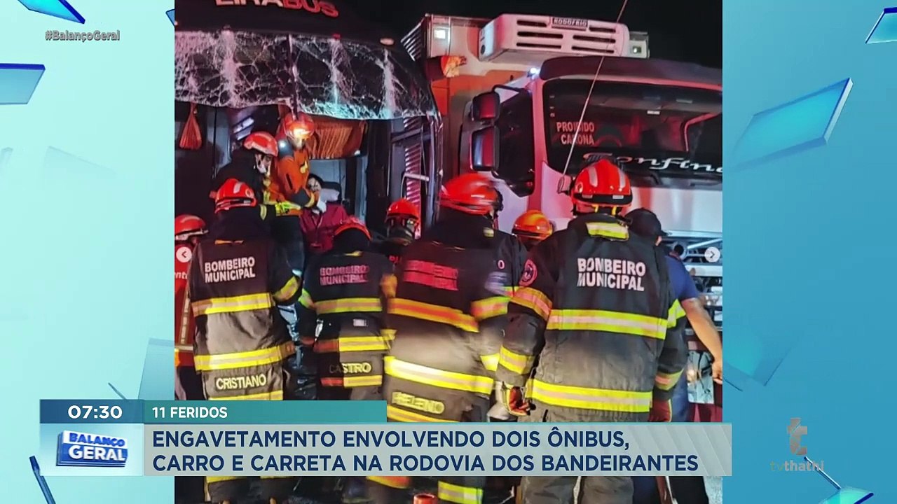 Engavetamento de carreta, dois ônibus e um carro deixa 11 feridos na Bandeirantes em Itupeva