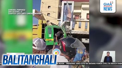 10-wheeler na may kargang buhangin, sumadsad sa pader ng brgy. hall matapos umanong mawalan ng preno | Balitanghali