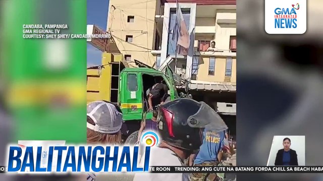 10-wheeler na may kargang buhangin, sumadsad sa pader ng brgy. hall matapos umanong mawalan ng preno | Balitanghali