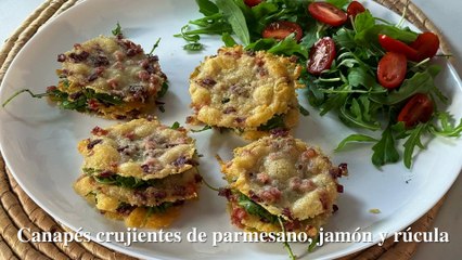 Canapés crujientes de parmesano, jamón ibérico y rúcula