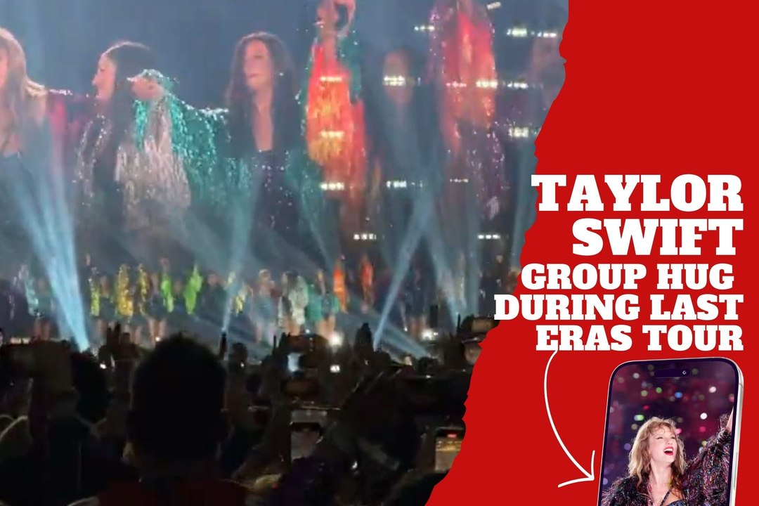 Taylor Swift gives a group hug during the last Eras Tour concert in Vancouver