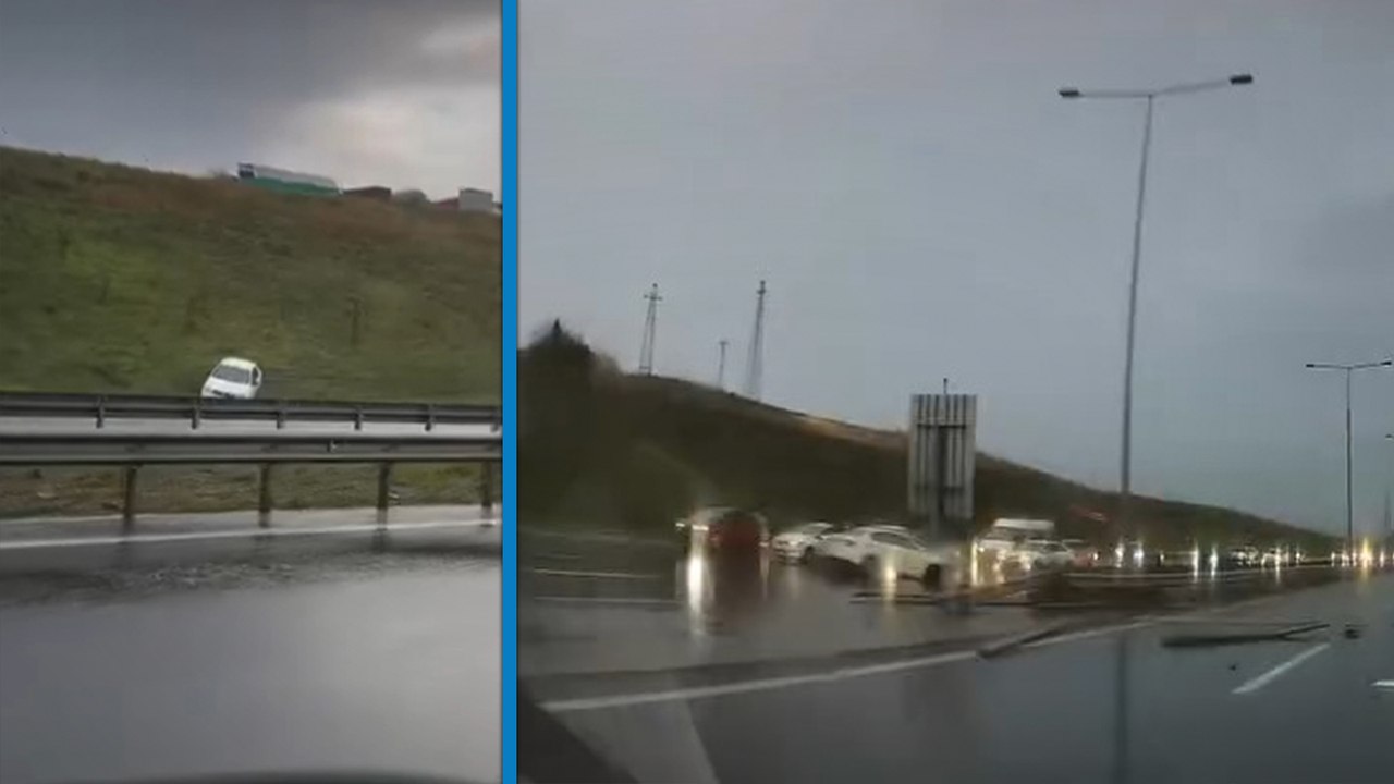 Kuzey Marmara Otoyolu’nda bir sürücü yoldaki bariyer parçalarına çarpmamak için yoldan çıktı