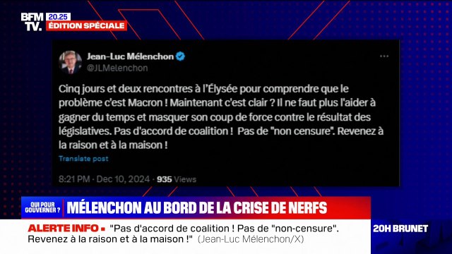 Consultations à l'Élysée: Revenez à la raison et à la maison , tweete Jean-Luc Mélenchon en s'adressant aux autres partenaires du NFP
