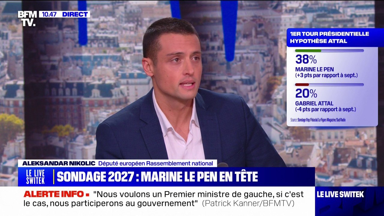 Présidentielle 2027: Aleksandar Nikolic (RN) "satisfait" du sondage plaçant Marine Le Pen en tête