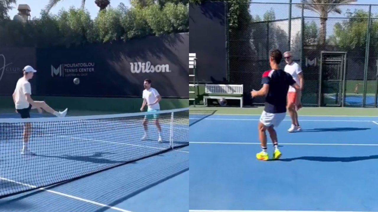Tennis - ATP 2024 - Jannik Sinner, son staff et Luca Van Assche en mode foot-tennis à Dubai