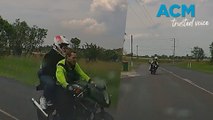 Motorcyclist narrowly escapes crash whilst driving on wrong side of the road