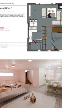 Aménagement de cuisine ouverte sur le salon avec banquette coin repas