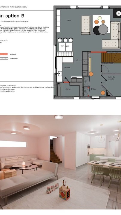 Aménagement de cuisine ouverte sur le salon avec banquette coin repas