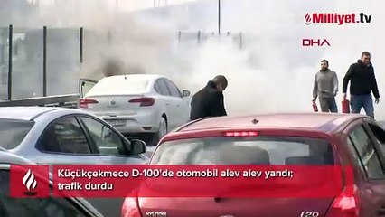 Sefaköy'de araç alev alev yandı! Yaşanan panik kamerada