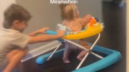 Elder brother uses hoverboard to entertain baby sister in a fun way