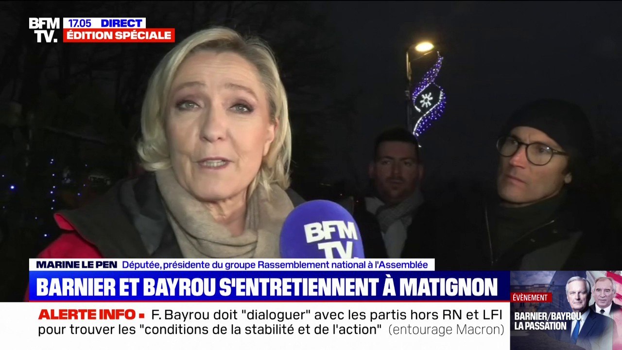 François Bayrou à Matignon: Marine Le Pen assure qu'elle sera "extrêmement prudente" et souhaite que ses "11 millions d'électeurs soient entendus"