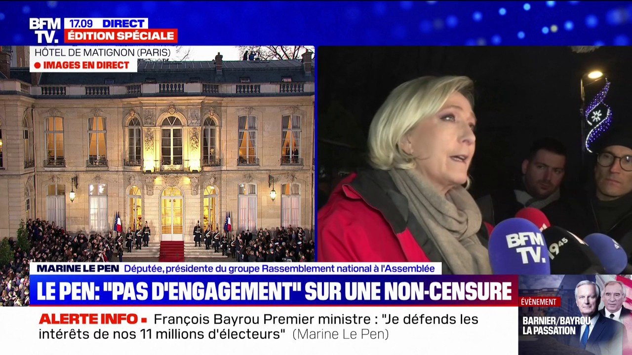 François Bayrou à Matignon: le Rassemblement national garde "les mêmes conditions" que celles "fixées en juillet", indique Marine Le Pen