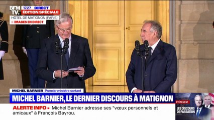Passation de pouvoir: "Ce temps très bref, nous avons essayé de l'utiliser au mieux", déclare Michel Barnier, Premier ministre sortant