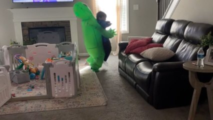 Boy's hilarious backward fall while pretending to be dragged by 'alien'