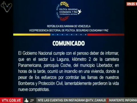 Vicepresidencia de Seguridad envía condolencias a familiares de las víctimas del incendio en Coche