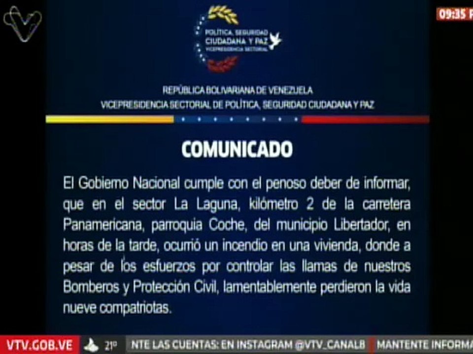 Vicepresidencia de Seguridad envía condolencias a familiares de las víctimas del incendio en Coche