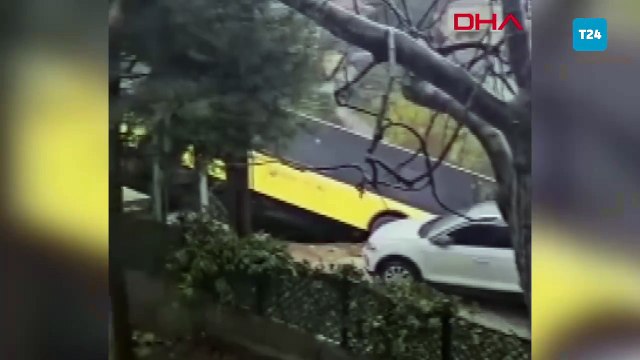 İstanbul Beykoz'da yokuş aşağı kayan İETT otobüsü evin bahçesine düştü