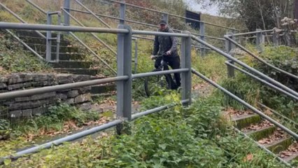 Dad accepts son's dare to ride down steps and ends up rolling down