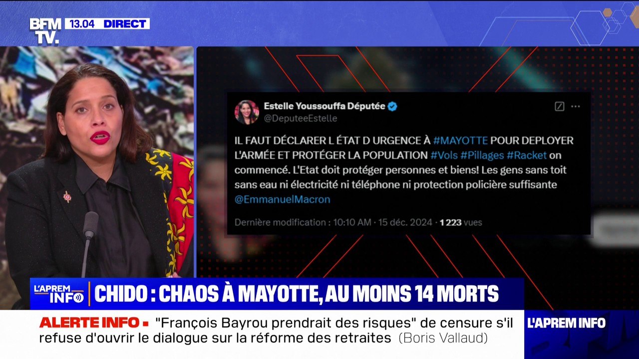 Mayotte: Estelle Youssouffa, députée LIOT, demande "la déclaration de l'état d'urgence" à Emmanuel Macron après le passage du cyclone Chido