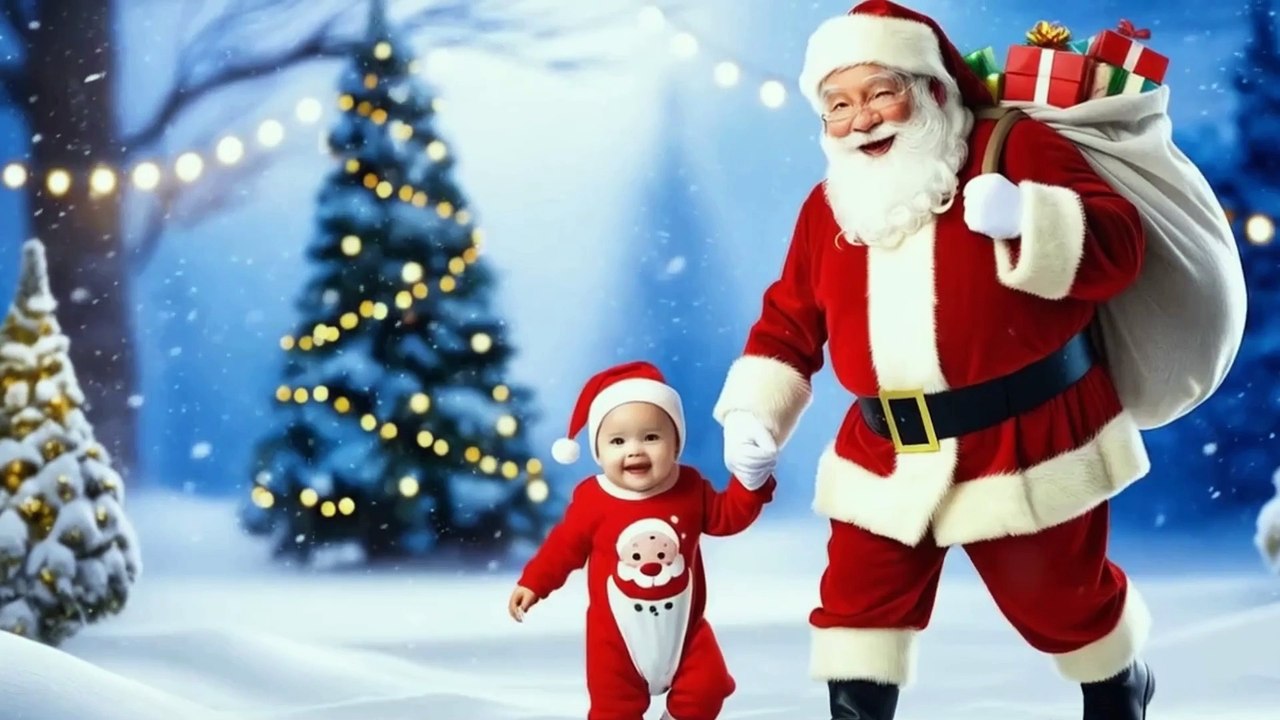 Santa Claus walking hand-in-hand with a baby
