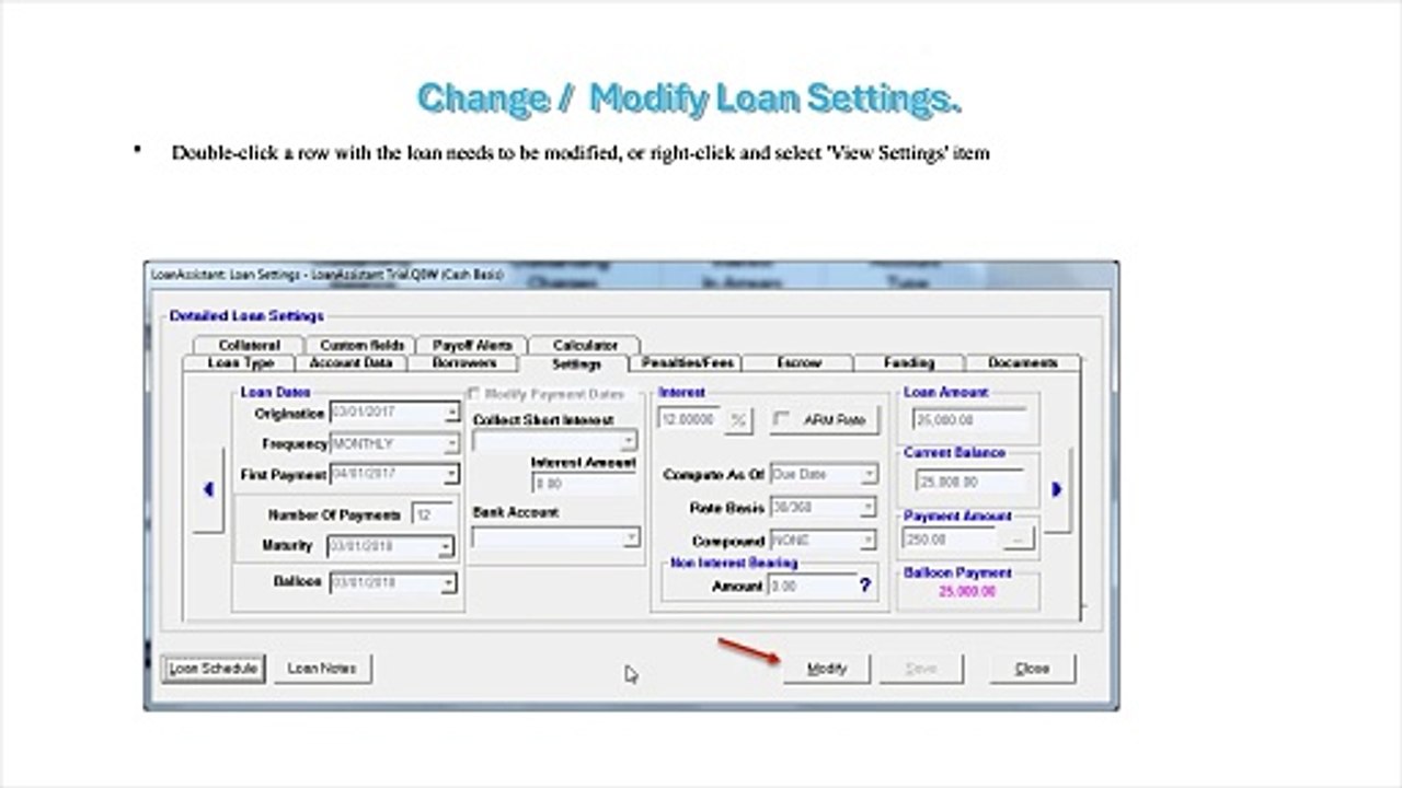 Change Modify Loan Settings in LoanAssistant application