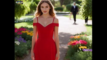 Very beautiful young girl in red dress photoshoot in garden - AIGlamShots