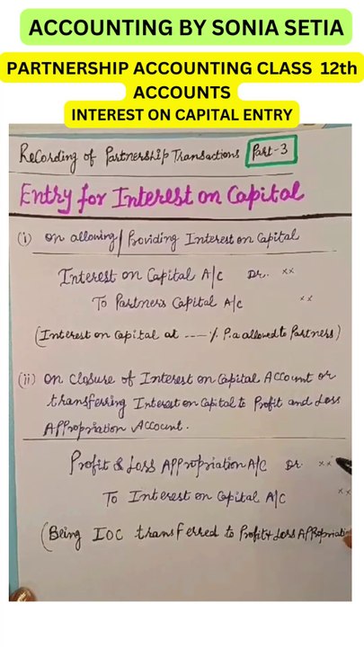 PARTNERSHIP ACCOUNTING CLASS 12th ACCOUNTS INTEREST ON CAPITAL ENTRY