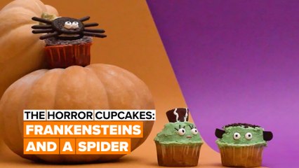 Horror cupcakes: Mr. & Mrs. Frankenstein and a spider like muffins