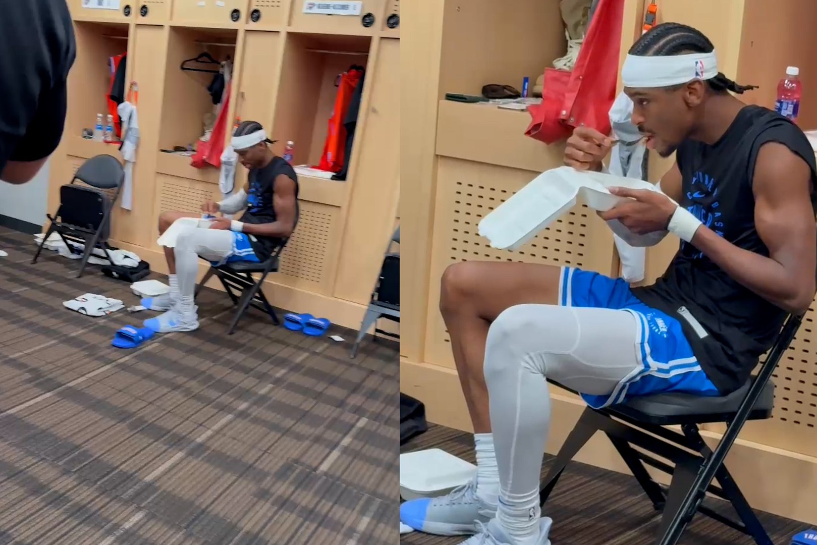 Shai Gilgeous-Alexander caught in the locker room enjoying a snack before the NBA Cup Finals