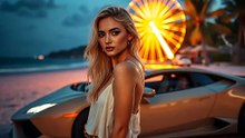 Beautiful blonde woman beside lamborghini vibe neon light bali beach long shot