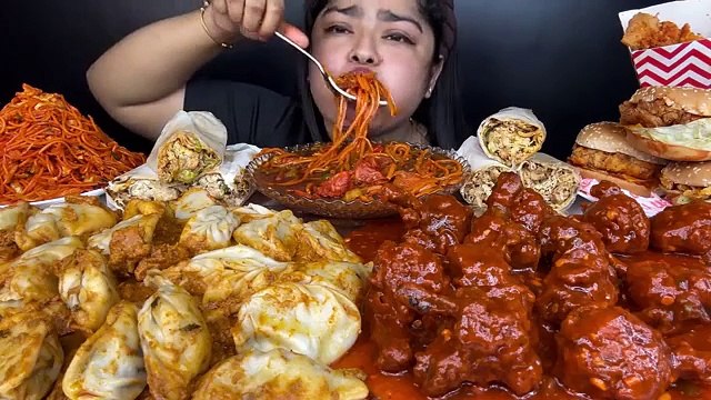 BUTTER CHICKEN MOMOS, SPICY CHICKEN THUKPA, SPICY CHICKEN LOLLIPOP, CHICKEN SCHEZWAN NOODLES,EATING