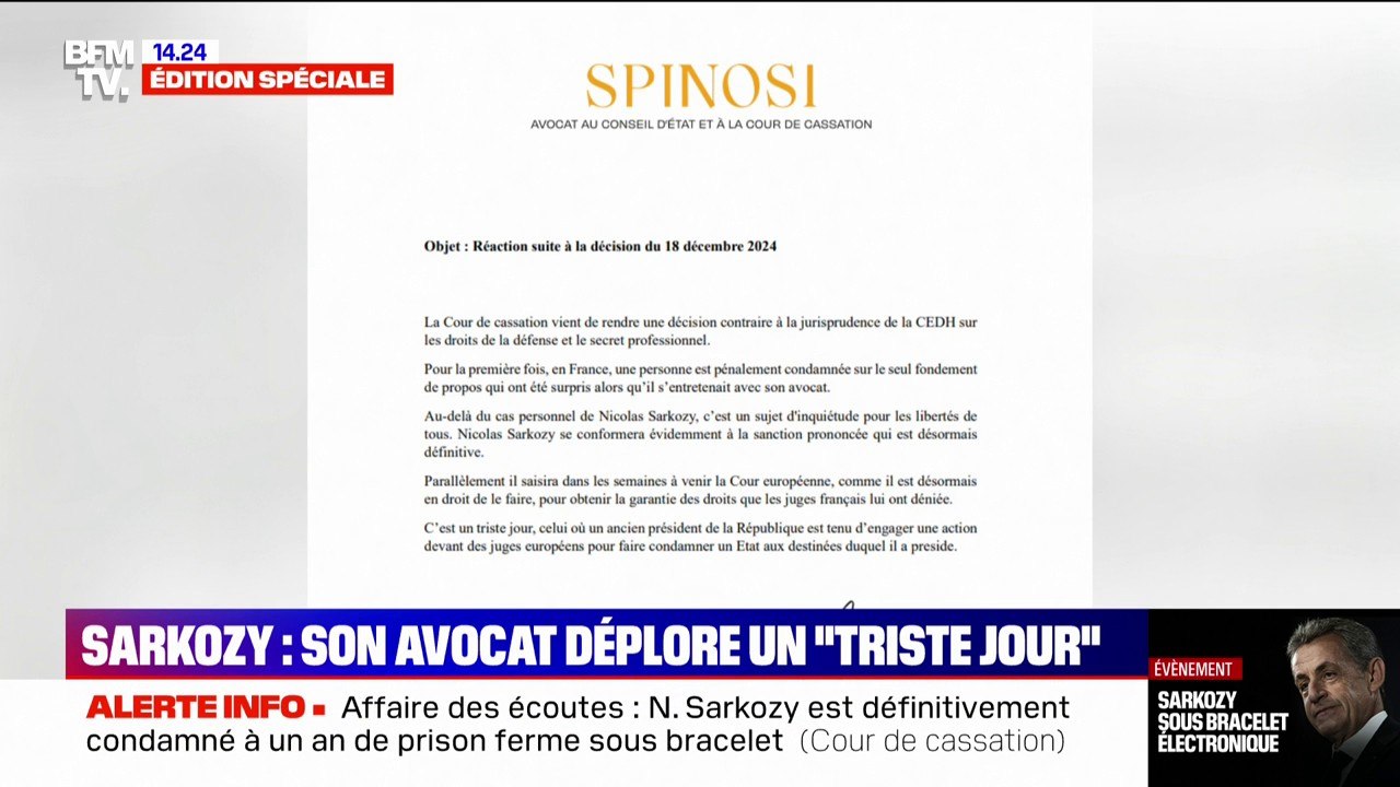 Affaire des écoutes: Nicolas Sarkozy annonce, par la voix de son avocat, qu'il va saisir la Cour européenne des droits de l'homme après sa condamnation définitive
