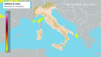 Mappa relativa alle raffiche di vento