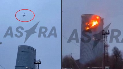Momento en el que un dron impacta contra un edifico de viviendas en Rusia