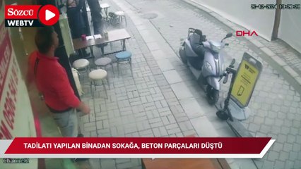 Tadilatı yapılan binadan sokağa, beton parçaları düştü
