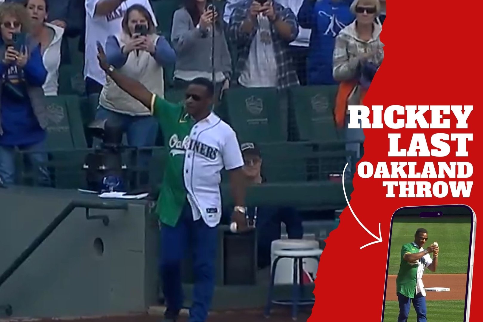 Ricke Henderson throw the last first pitch for the Athletics in Oakland