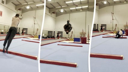 Horrifying moment gymnast breaks leg while doing front flip