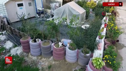Hatay'da topladığı araç lastiklerinden çiçek bahçesi yaptı