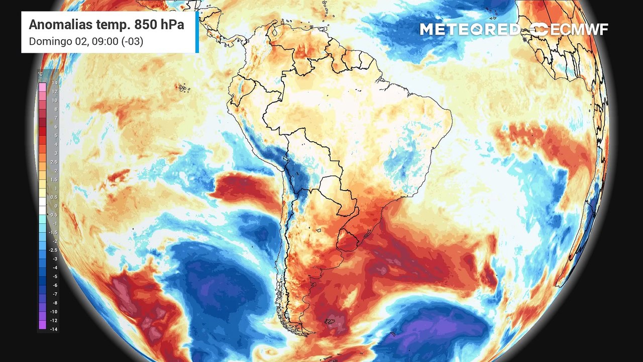 Anomalia de temperatura em 850 hPa - massas de ar
