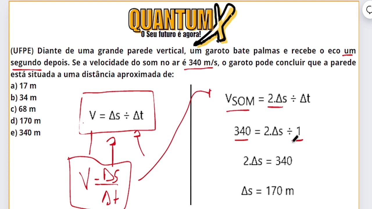 (UFPE) Diante de uma grande parede vertical, um garoto bate palmas e recebe o eco um segundo depois. Se a velocidade do som no ar é 340 m/s, o garoto pode concluir que a parede está situada a uma distância aproximada de:  - Questões de Física - Quantum X