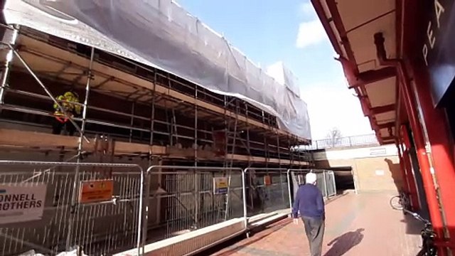 Scaffolding goes up on part of Cannock shopping centre. Prior to demolition.