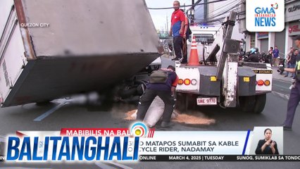 Closed van, tumagilid matapos sumabit sa kable ng kuryente; Motorcyle rider, nadamay | Balitanghali
