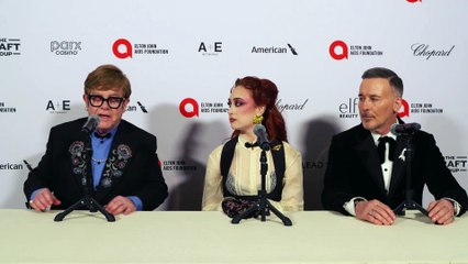 Elton John,  Chappell Roan and David Furnish hold press conference for Elton John Aids Foundation 33rd annual Academy Awards Viewing Party