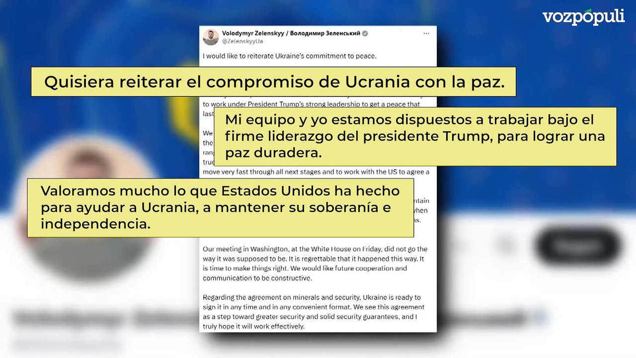 Zelenski lamenta lo ocurrido en el Despacho Oval y pide volver a cooperar con Trump