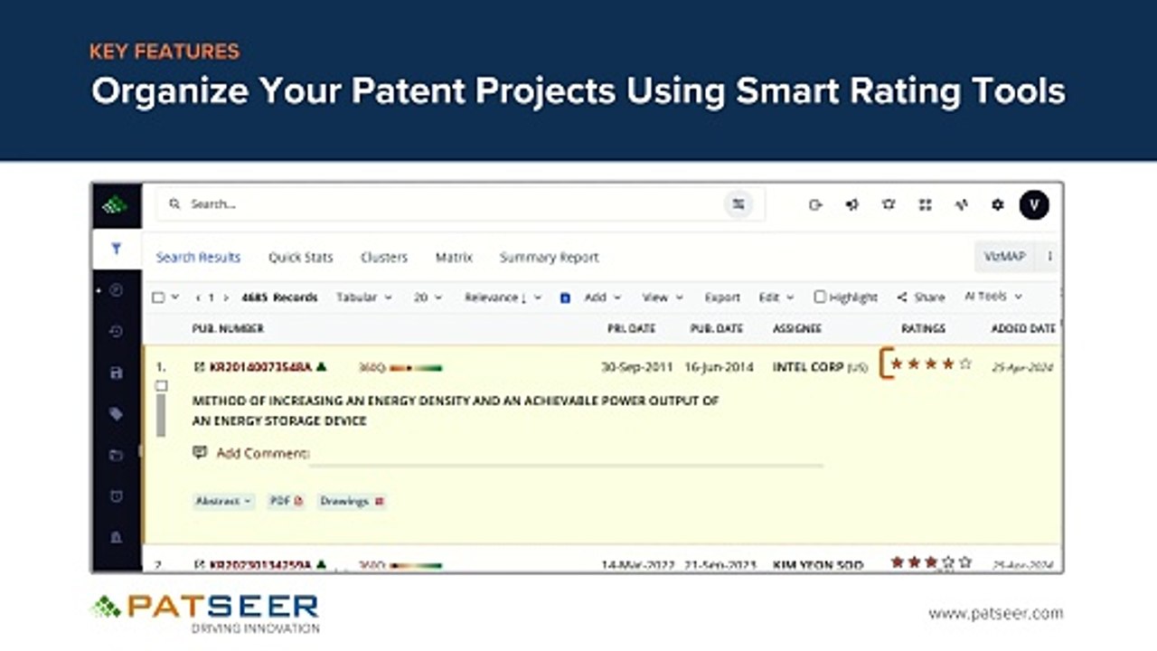 Key features - Organize Your Patent Projects Using Smart Rating Tools